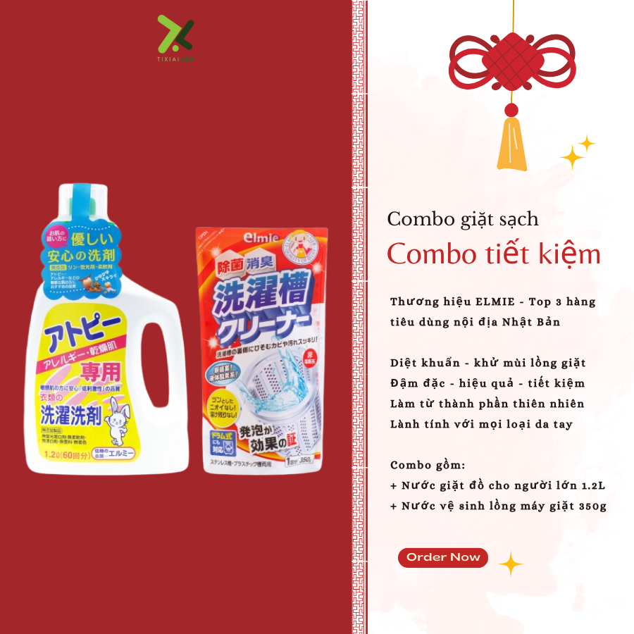 Combo giặt sạch Elmie - Nước giặt quần áo cho người lớn chai 1200ml và nước vệ sinh lồng máy giặt 350g