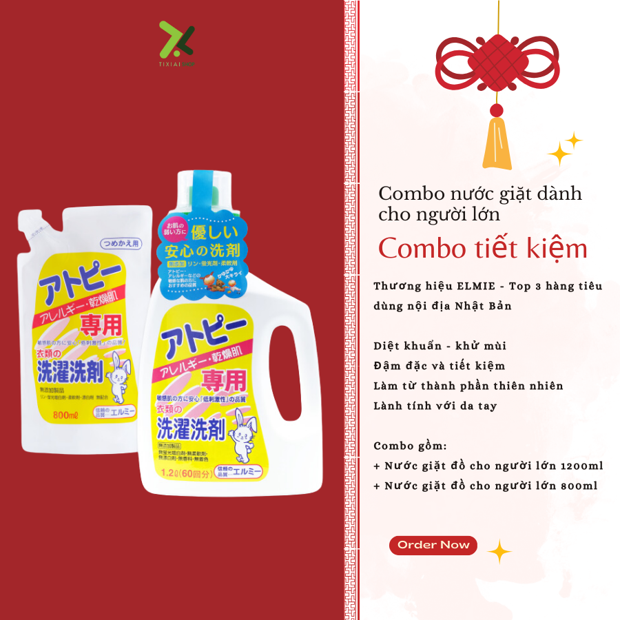 Combo nước giặt dành cho người lớn Elmie - Chai 1200ml và túi 800ml