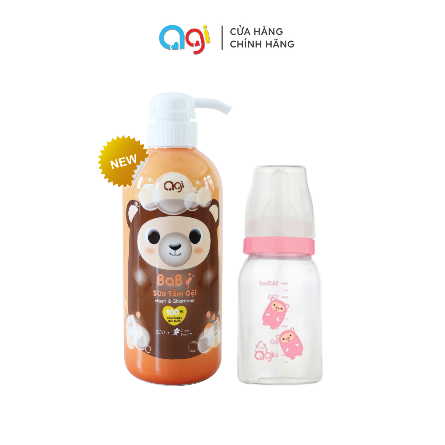 (Mới) Combo 1 chai sữa tắm gội Agi 500ml (Hoa Anh Đào) + 1 Bình sữa PP Agi 140ml