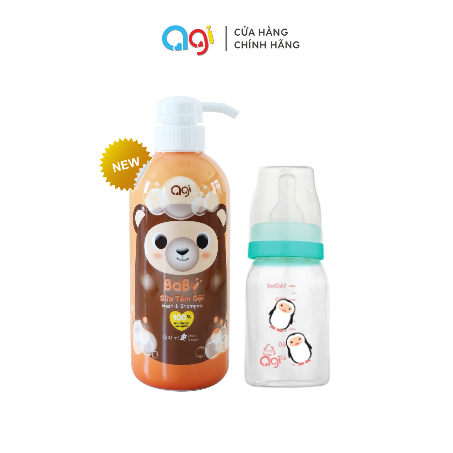 (Mới) Combo 1 chai sữa tắm gội Agi 500ml (Hoa Anh Đào) + 1 Bình sữa PP Agi 140ml
