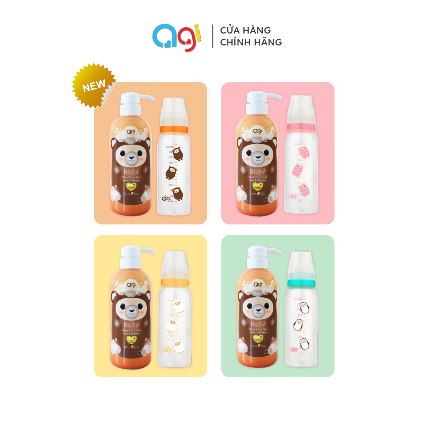 (Mới) Combo 1 chai sữa tắm gội Agi 500ml (Hoa Anh Đào) + 1 Bình sữa PP Agi 250ml