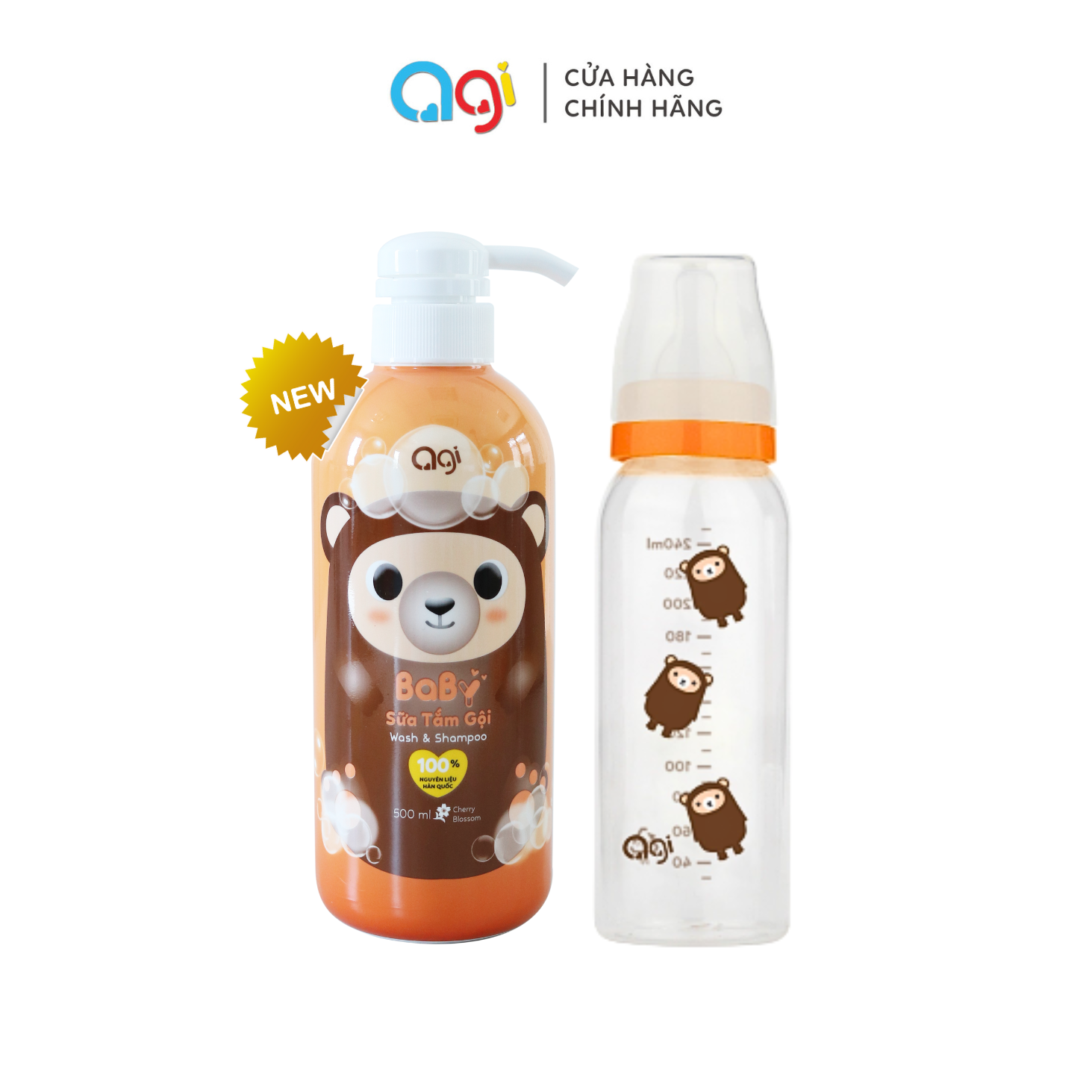 (Mới) Combo 1 chai sữa tắm gội Agi 500ml (Hoa Anh Đào) + 1 Bình sữa PP Agi 250ml