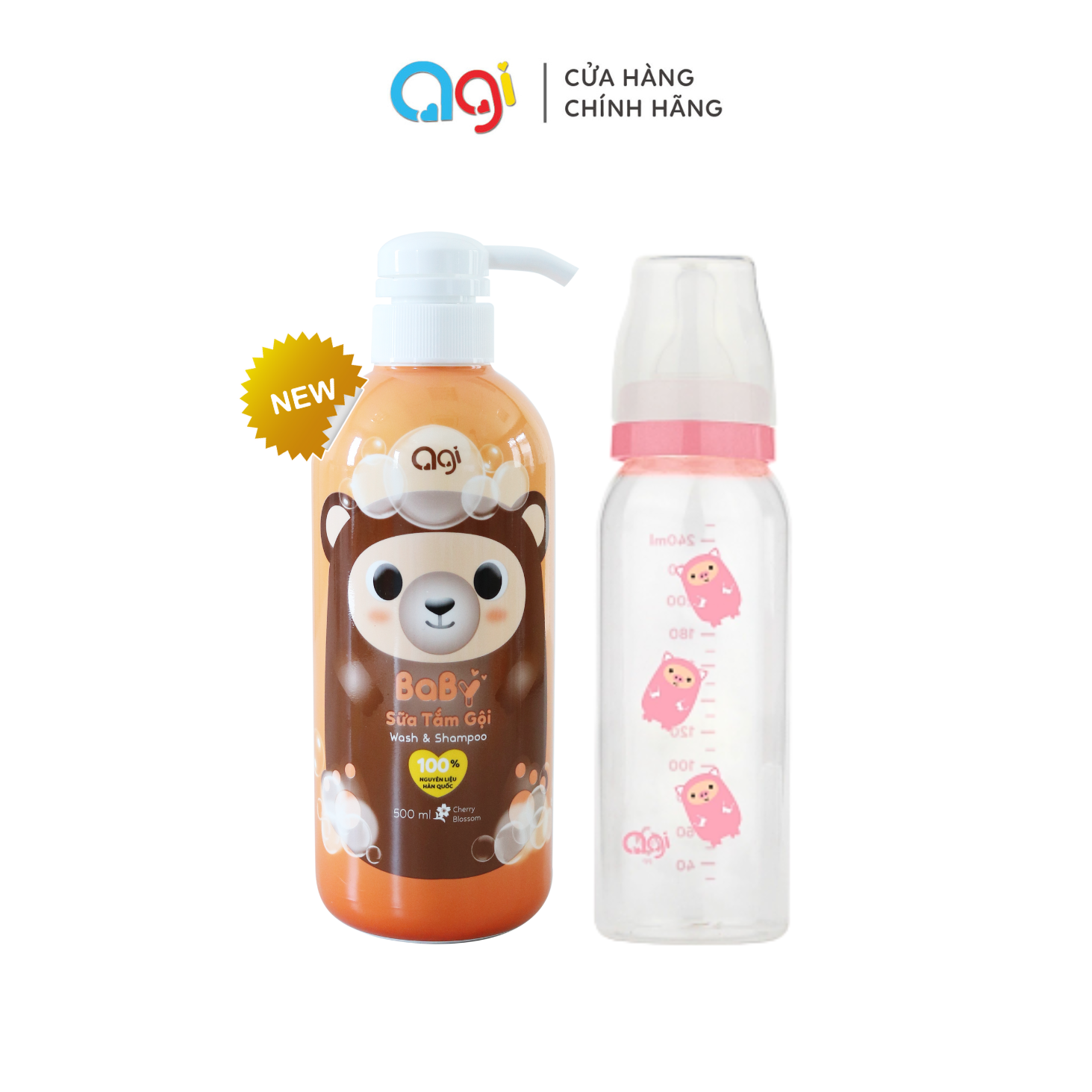 (Mới) Combo 1 chai sữa tắm gội Agi 500ml (Hoa Anh Đào) + 1 Bình sữa PP Agi 250ml