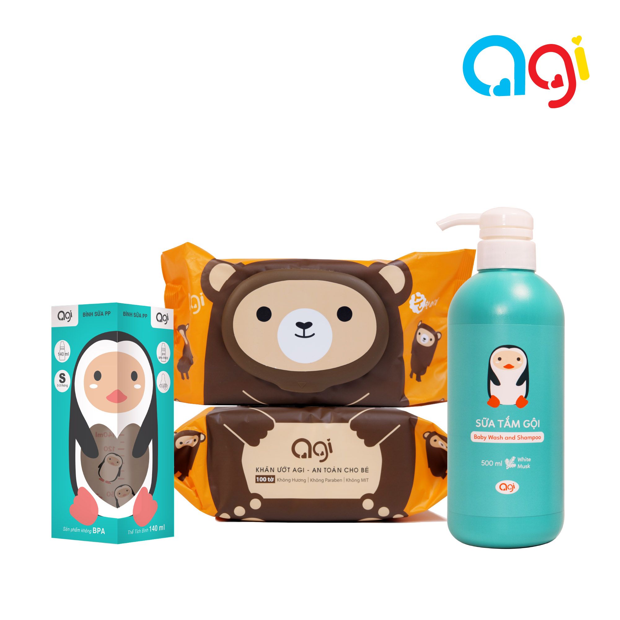 Combo Bé yêu 3 - 6 tháng (1 sữa tắm gội Agi 500ml xạ hương, 1 bình sữa PP Agi 140ml, 2 khăn ướt Agi 100 tờ không hương)