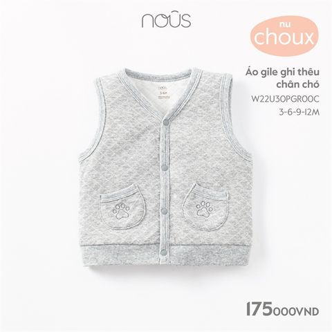  Áo gile Nous Choux thêu chân chó xanh/hồng/ghi (size từ 3-12 tháng) 