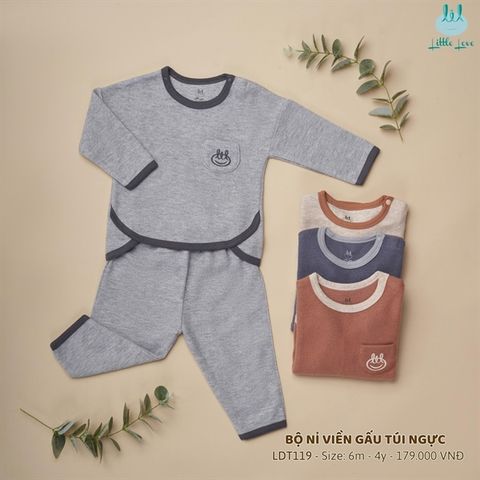  Bộ DT Little Love nỉ nhung viền gấu túi ngực ghi 