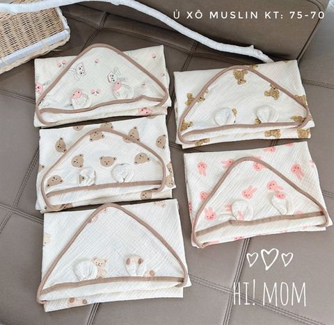  Chăn ủ Hi Mom xô Muslin tai gấu 70x75cm 