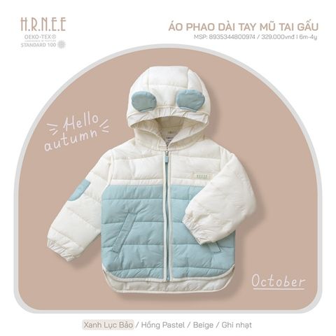  Áo khoác Hrnee phao có mũ xanh lục bảo 6-9m 