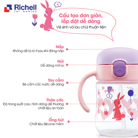  Côc tập uống Richell 2in1 T.L.I hồng 200ml 5M RC21401 