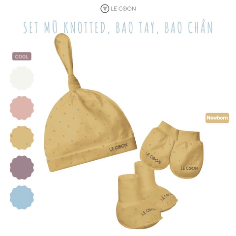  Set Mũ knotted +bao chân+bao tay vàng newborn Lecoon 