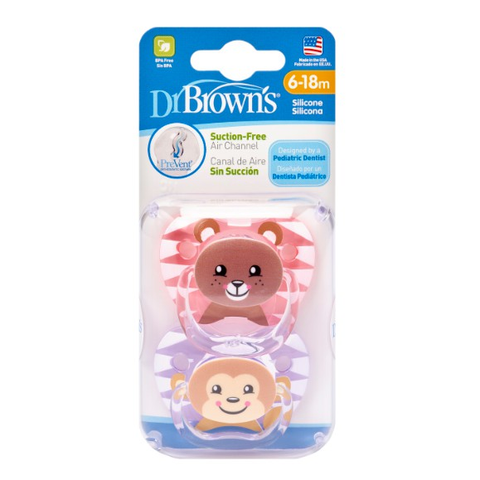  Bộ 2 ty ngậm in hình con gấu và khỉ cho bé 6-12M hồng tím Dr Brown's 