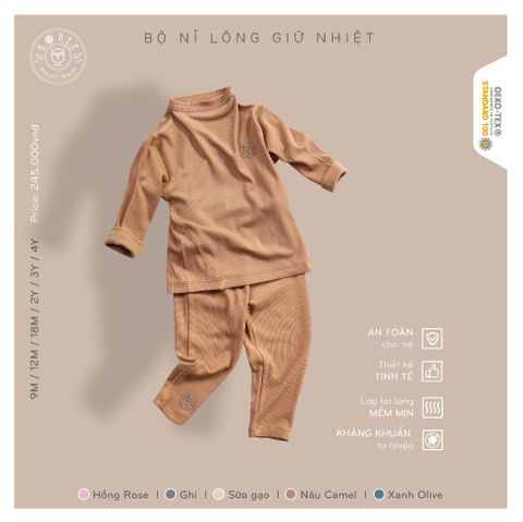  Bộ nỉ lông giữ nhiệt cổ 2p Hrnee nâu camel size 12-18m 