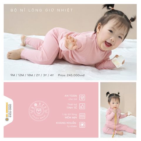  Bộ nỉ lông giữ nhiệt cổ 2p Hrnee hồng rose size 9-12m 