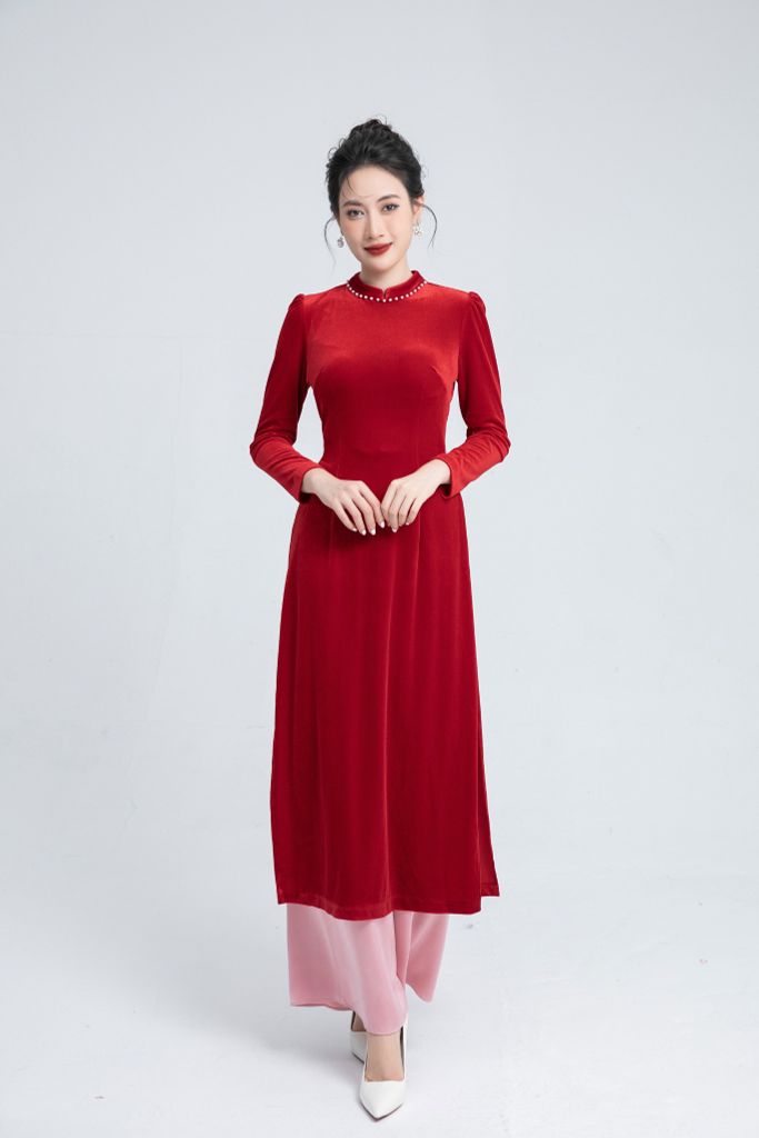 ÁO DÀI NHUNG ĐỎ AD09722