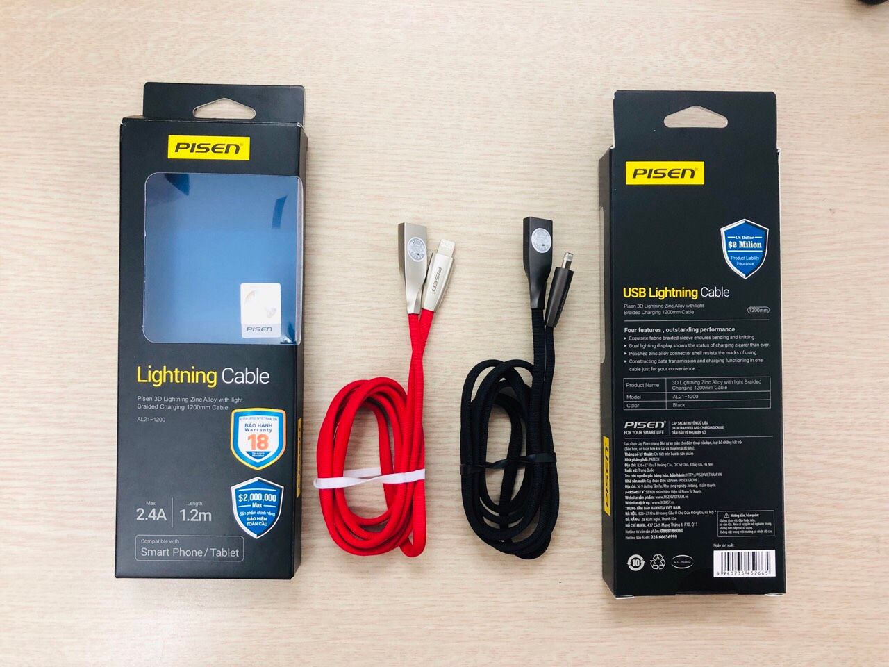Cáp PISEN Quick Lightning Zinc Alloy with light Braided (1.2m, 2.4A, Light ) - Cáp 3D , bên Nylon chống đứt , chống rối