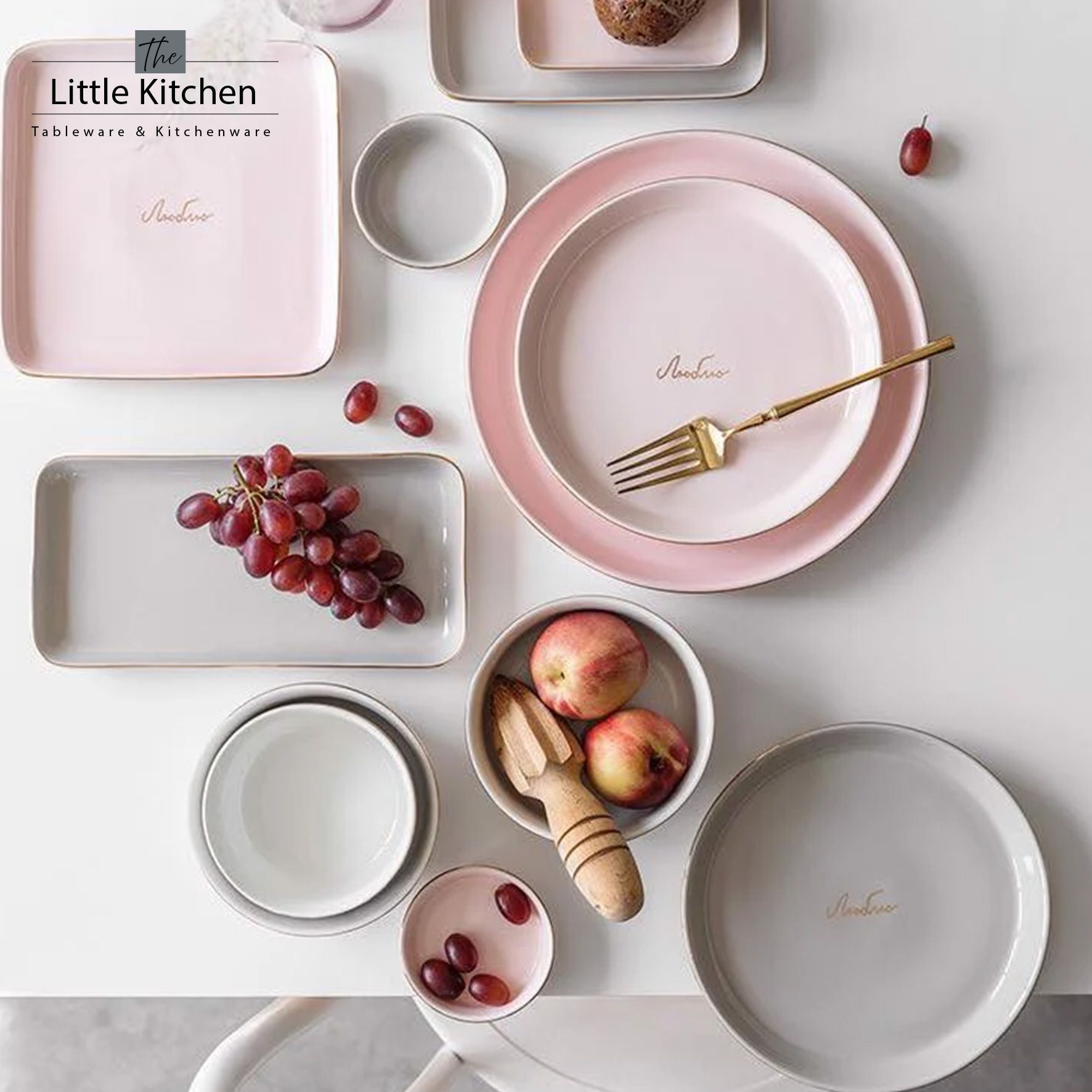 Bộ bát đĩa màu pastel hồng ghi, chất liệu gốm cao cấp, thiết kế trang nhã, hình dáng phù hợp với nhiều món ăn.