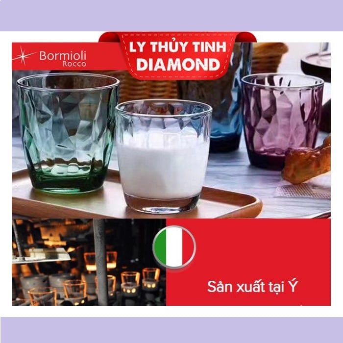  Ly Sản xuất tại Ý Bormioli Diamond 30cl/1 ly, 3 màu trắng, xanh, tím. Giữ màu vĩnh viễn. Một bộ có 6 ly. 