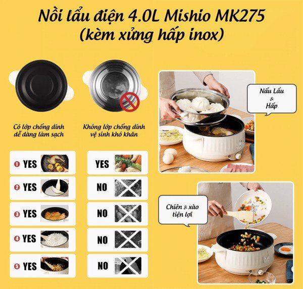 Nồi lẩu điện 4.0L Mishio MK275 kèm xửng hấp