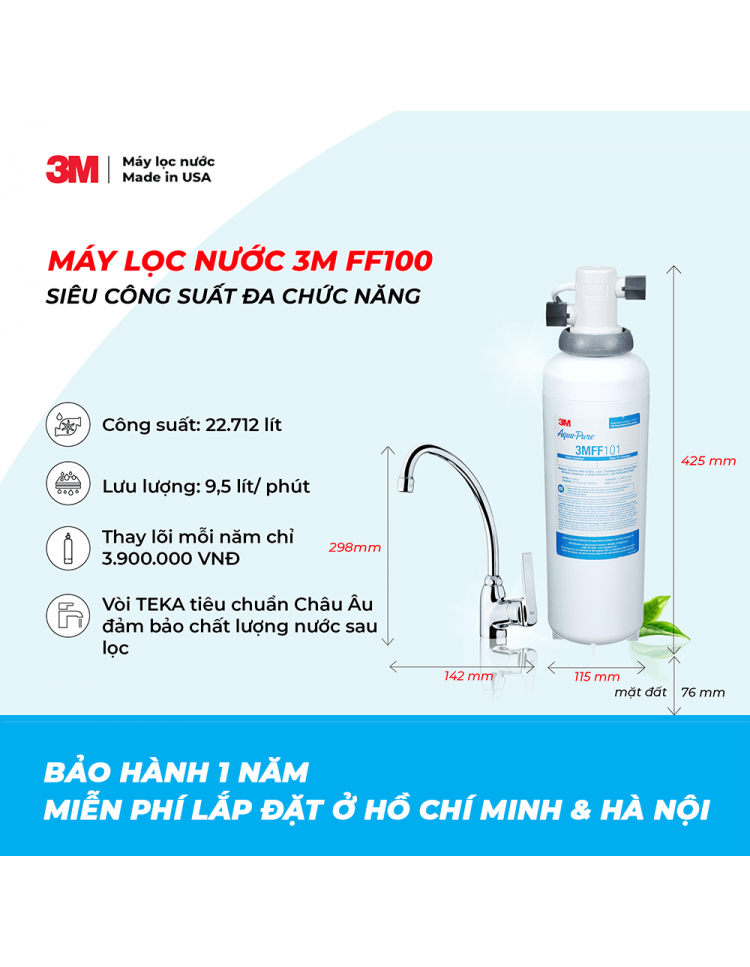 MÁY LỌC NƯỚC LẮP DƯỚI BỒN RỬA 3MFF100 + VÒI 3M - 3M FF10