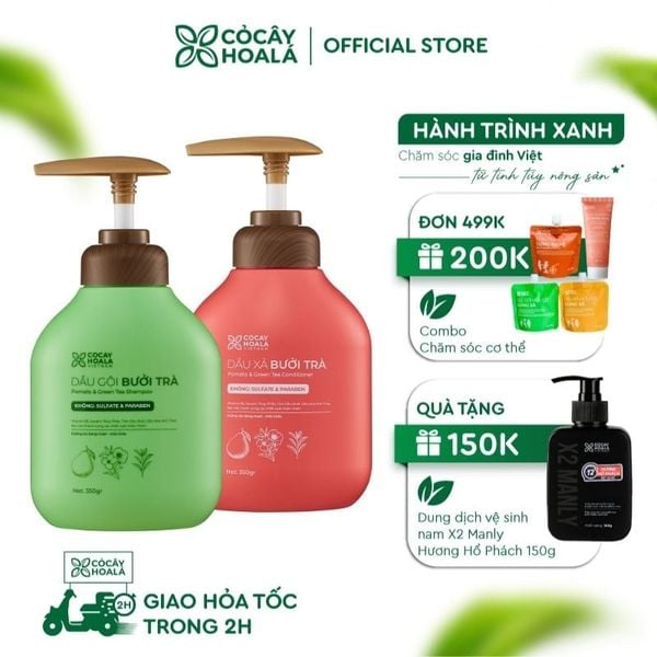 Combo Gội Xả Bưởi Trà Cỏ Cây Hoa Lá 350g Phục Hồi Tóc Hư Tổn