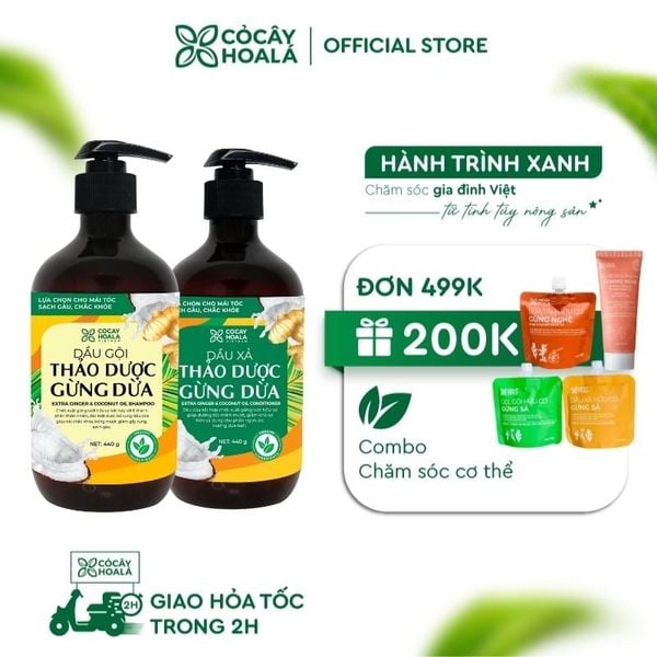Combo dầu gội xả thảo dược Gừng Dừa Cỏ Cây Hoa Lá 440g ngăn gàu ngứa