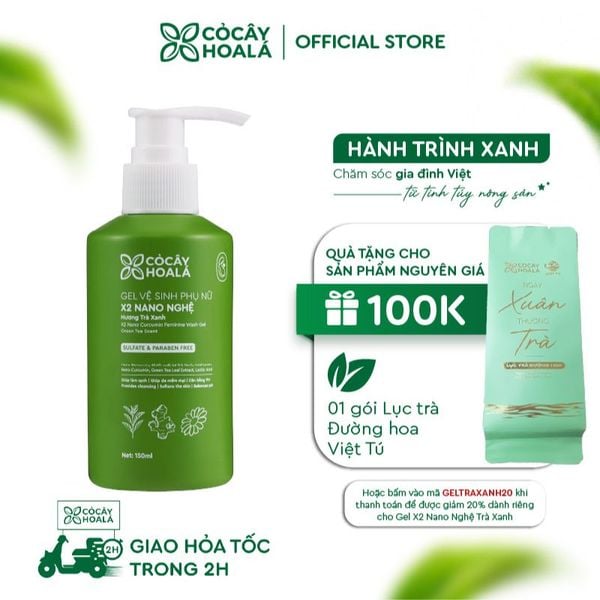 Dung dịch vệ sinh phụ nữ Gel X2 nano nghệ hương trà xanh Cỏ Cây Hoa Lá 150ml củng cố lợi khuẩn ngừa nấm & dịu vùng da kích ứng
