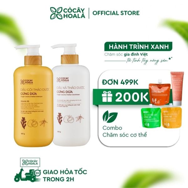Combo Dầu gội xả thảo dược Gừng Dừa Cỏ Cây Hoa Lá 650g trị gàu ngứa - ngăn rụng tóc
