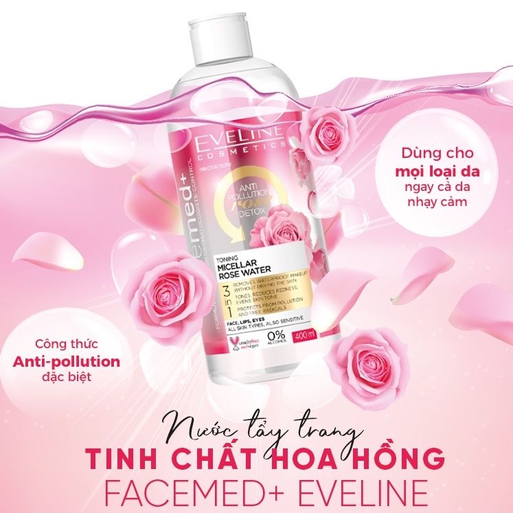  Nước tẩy trang Eveline Facemed+ trắng da tinh chất hoa hồng Toning Micellar Rose Water 400ml 