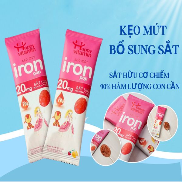 Kẹo mút Iron Pop Happy Vitamin bổ sung Sắt cho bé - hàm lượng Sắt hữu cơ hỗ trợ tạo hồng cầu, ngừa thiếu máu, khỏe mạnh, hồng hào - Dây 5 cây