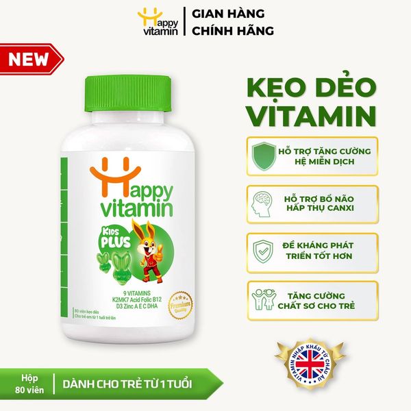 Kẹo dẻo Happy Vitamin Kids Plus+ - Bổ sung Vitamin tổng hợp cho bé có D3K2,A,B12,C,DHA giúp con ăn ngon, tăng đề kháng cho trẻ - Hộp 80 viên
