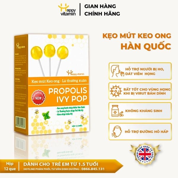 Kẹo mút keo ong lá thường xuân Happy Vitamin hỗ trợ ngăn ngừa ho, viêm họng, khản tiếng, bảo vệ vòm họng - Hộp 12 cây