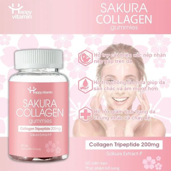 Kẹo dẻo hỗ trợ đẹp da ngăn ngừa lão hóa Happy Vitamin Sakura Collagen gummies giúp bổ sung Collagen Tripeptide 200mg - Hộp 60 viên