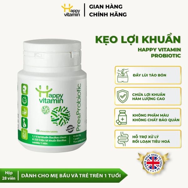 Viên nhai - kẹo ngậm lợi khuẩn Happy Vitamin Pre & Probiotic tăng cường hỗ trợ tiêu hóa cải thiện đi ngoài táo bón - Hộp 28 viên