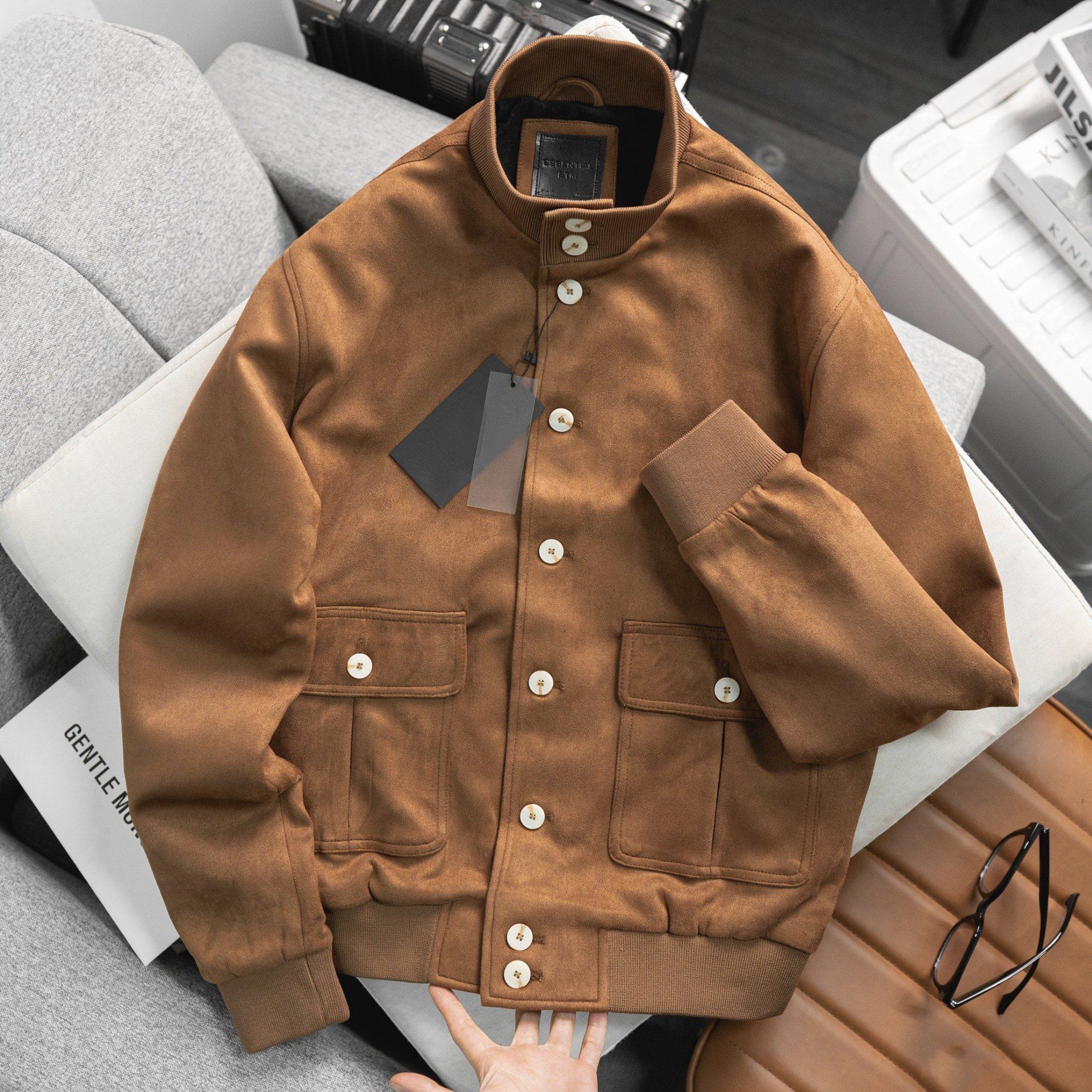Áo Bomber Suede Jacket Cổ Trụ Khuy Cài 1672
