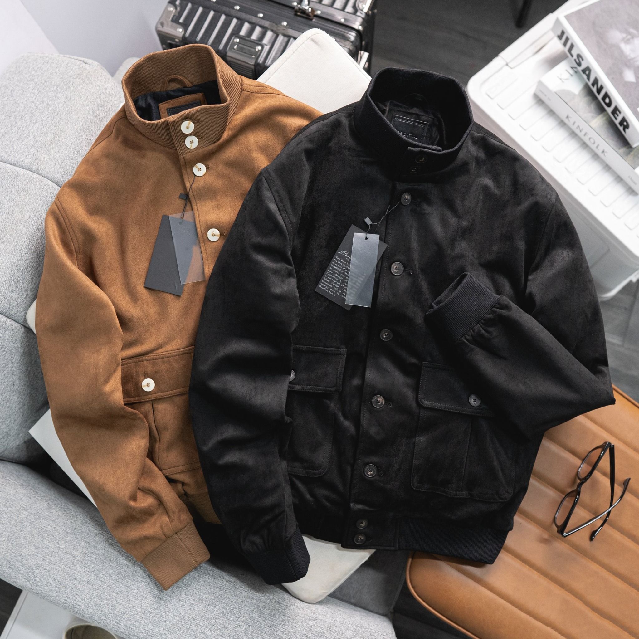 Áo Bomber Suede Jacket Cổ Trụ Khuy Cài 1672