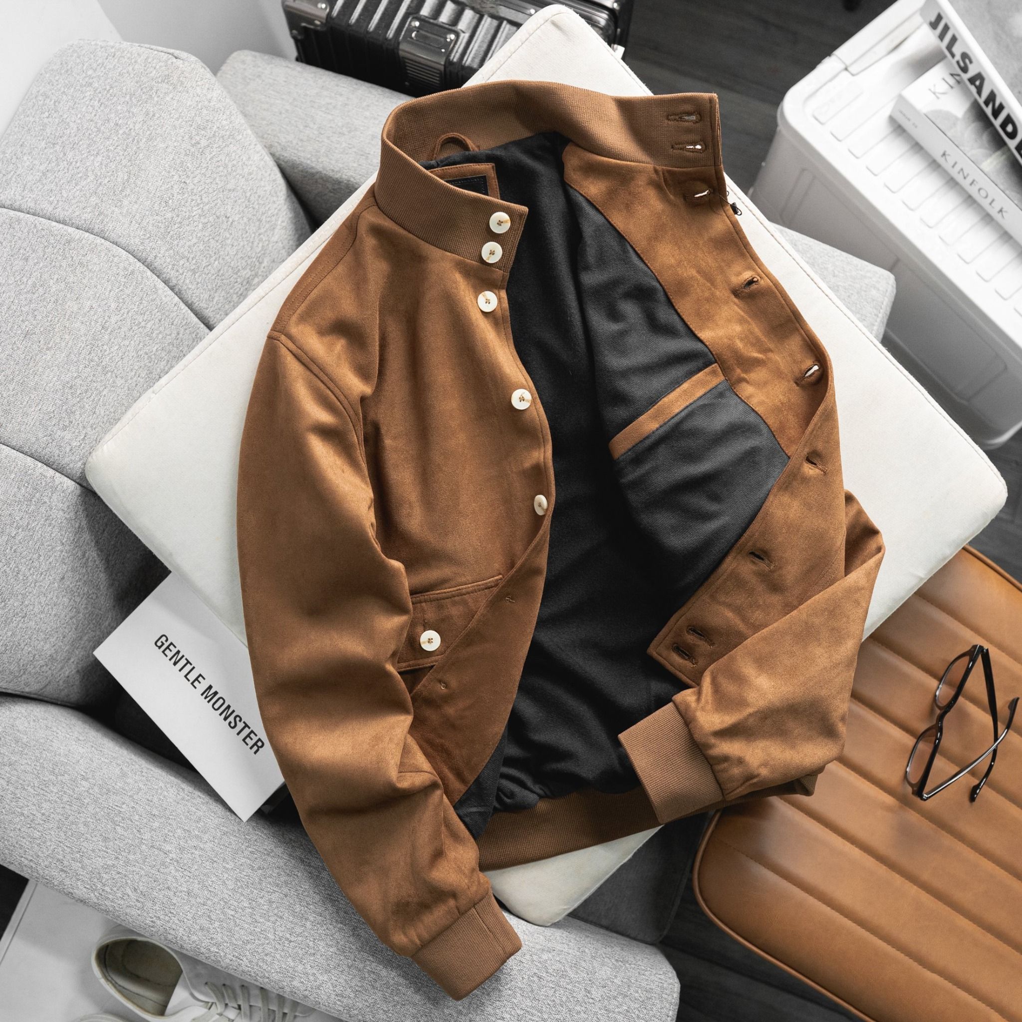 Áo Bomber Suede Jacket Cổ Trụ Khuy Cài 1672