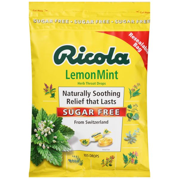  Kẹo Ngậm Thảo Mộc Trị Ho Không Đường Vị Chanh Bạc Hà Ricola Sugar Free Lemon Mint Cough Drops, 105 Drops [Bịch 105 viên] 