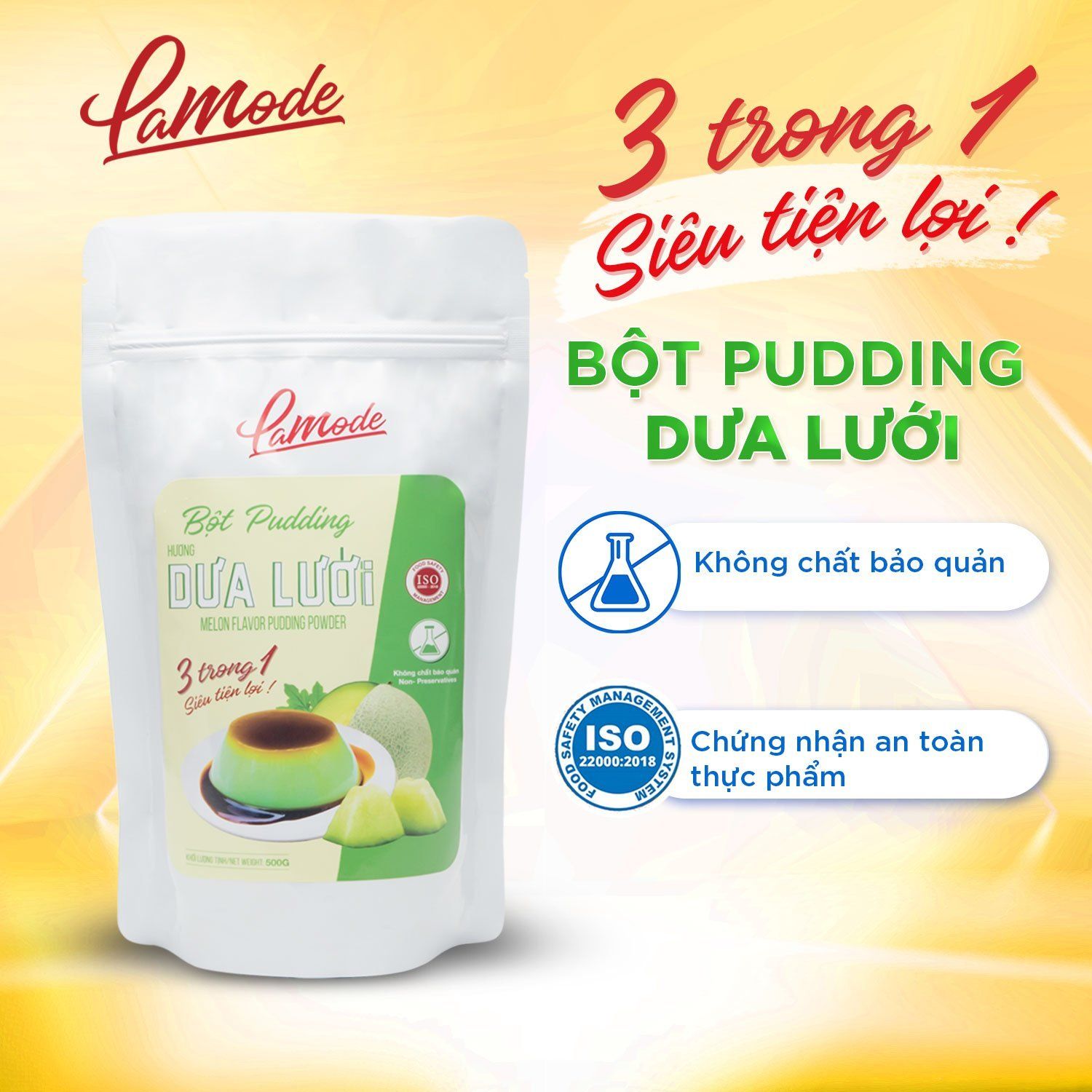 Bột bánh pudding Lamode hương dưa lưới - 3 trong 1