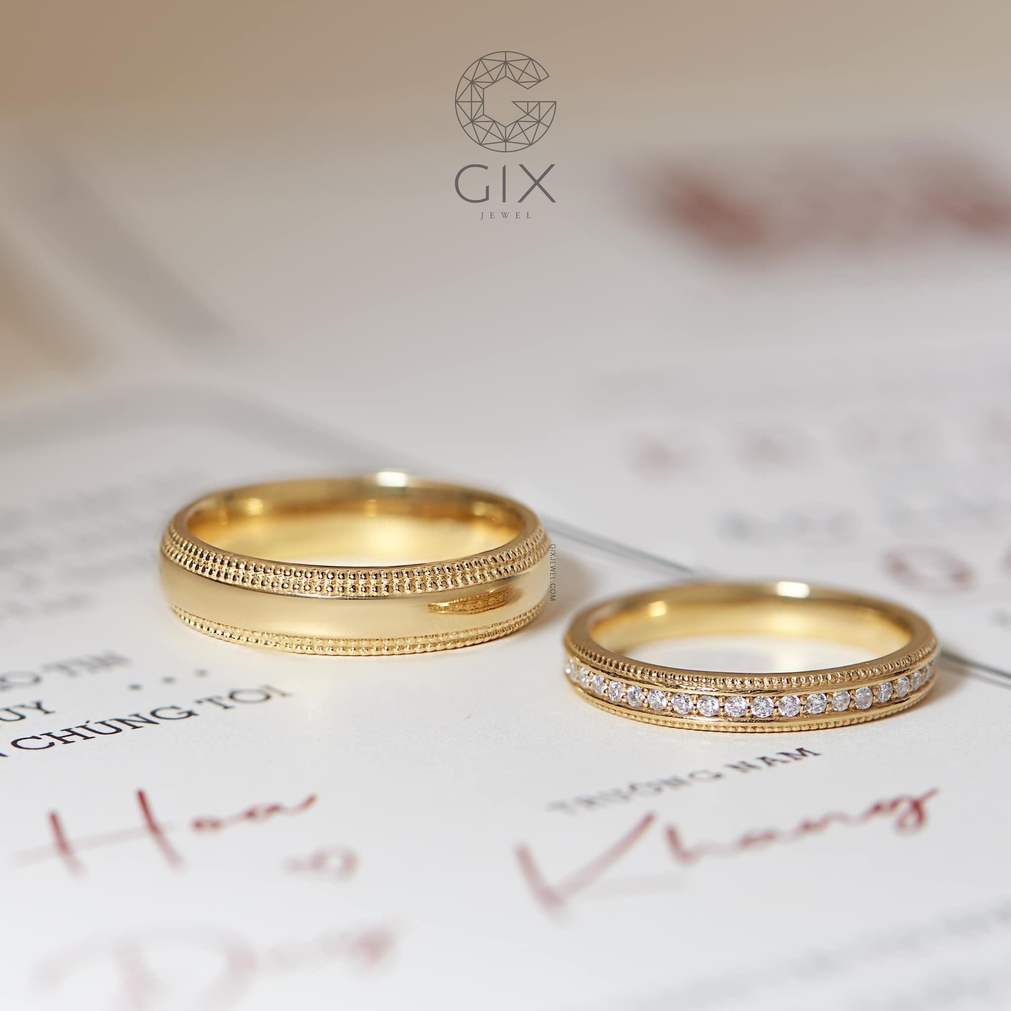 Nhẫn cưới vàng 14k đẹp đính kim cương tấm Gix - GCR25050094