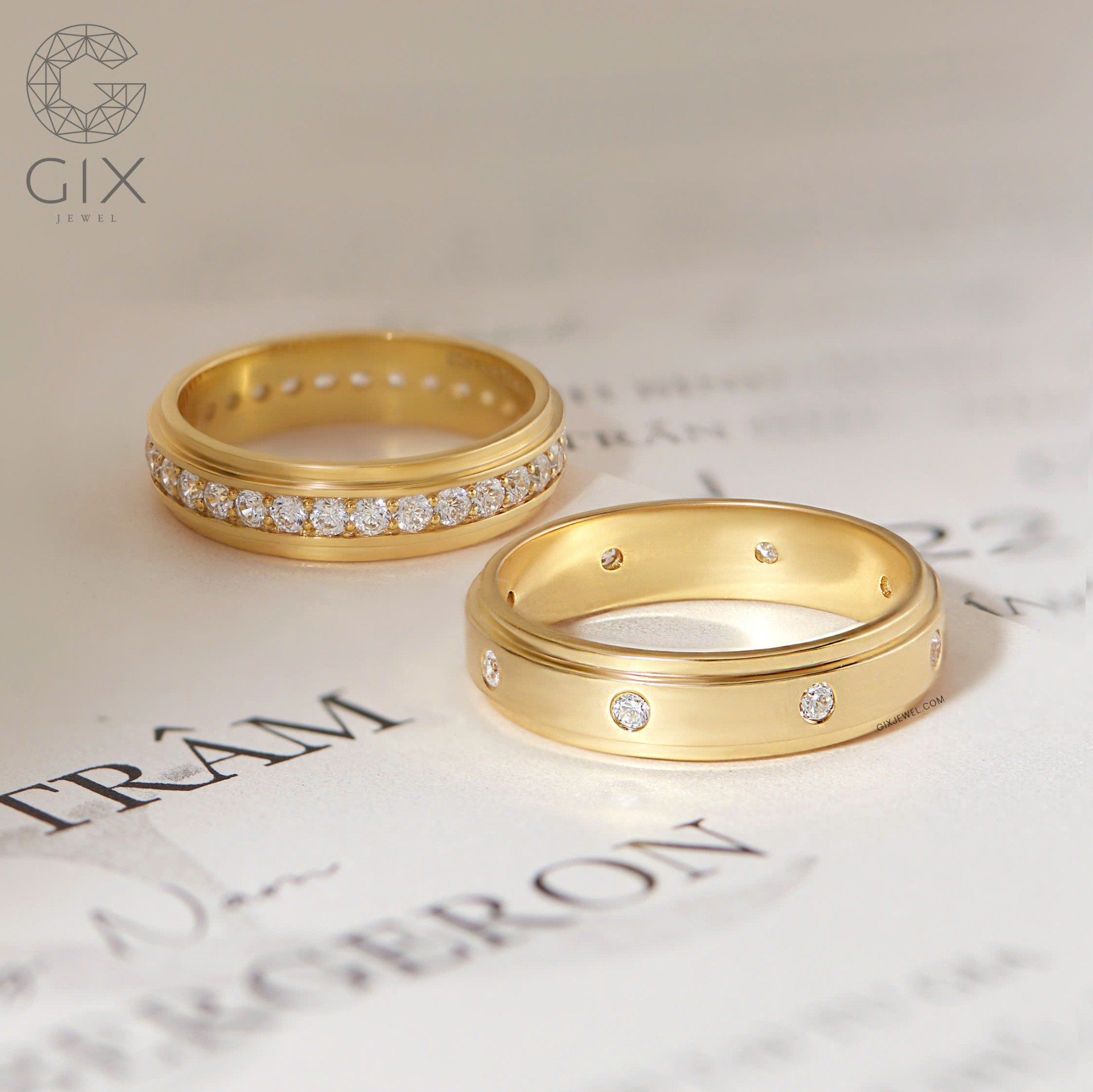 Nhẫn cưới vàng tây 18k đính kim cương khắc tên Gix Jewel - GCR25050099