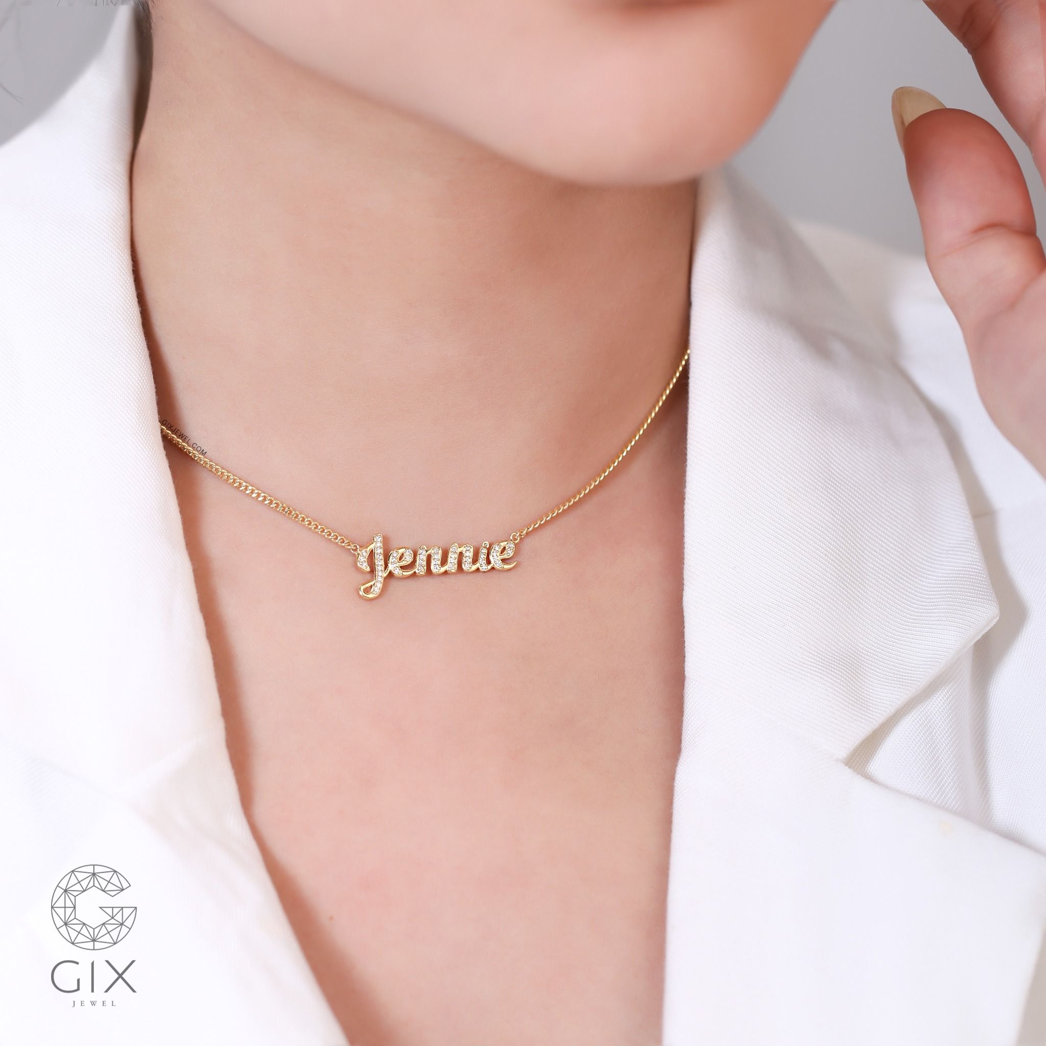 Dây chuyền in tên vàng tây cho nam nữ sọi khoen lật đeo cổ đính đá đẹp Gix Jewel