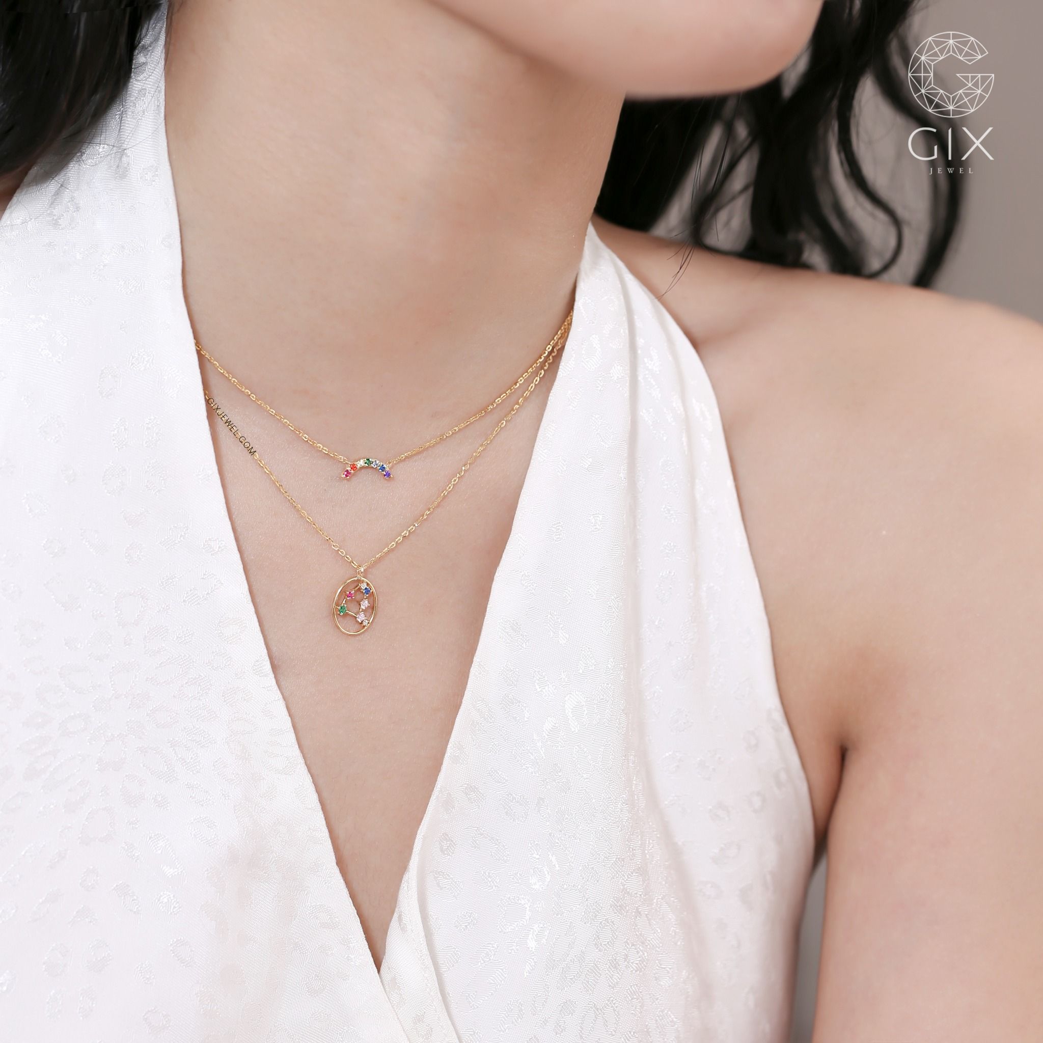 Vòng cổ đá quý đính nhiều màu vàng 18k bạc thật cho nữ đeo choker đơn giản Gix