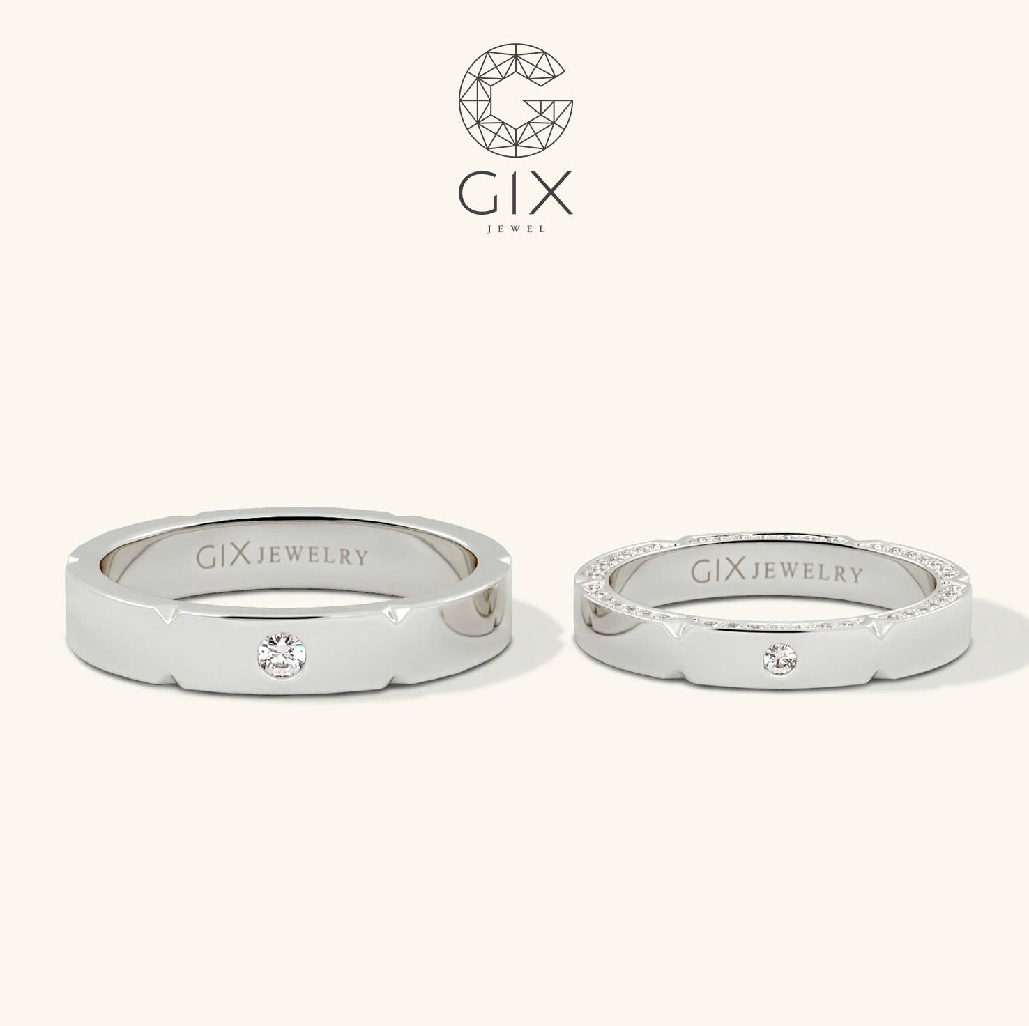 Nhẫn cưới nam nữ đẹp vàng trắng 18k đính kim cương đơn giản sang trọng Gix Jewel