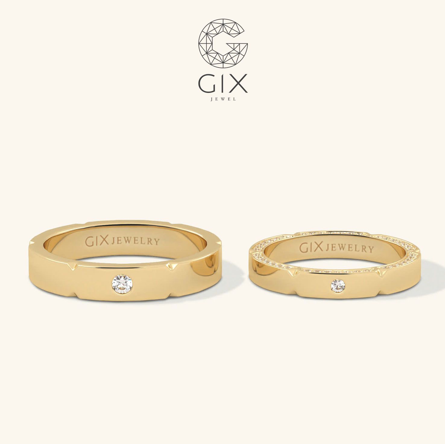 Nhẫn cưới nam nữ đẹp vàng trắng 18k đính kim cương đơn giản sang trọng Gix Jewel