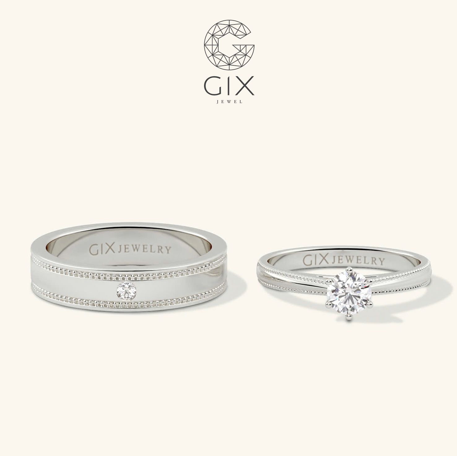 Nhẫn cưới nam nữ đẹp vàng 18k tinh xảo đính kim cương Gix Jewelry