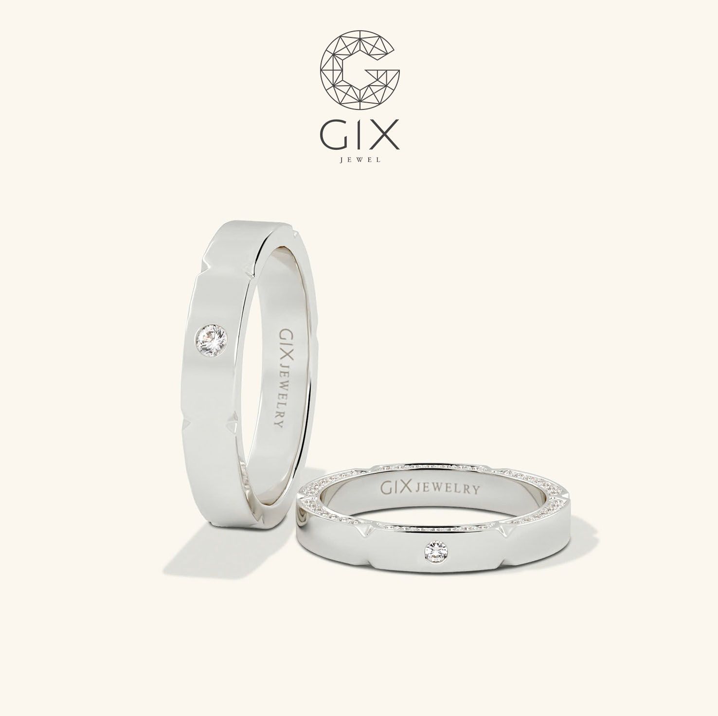 Nhẫn cưới nam nữ đẹp vàng trắng 18k đính kim cương đơn giản sang trọng Gix Jewel