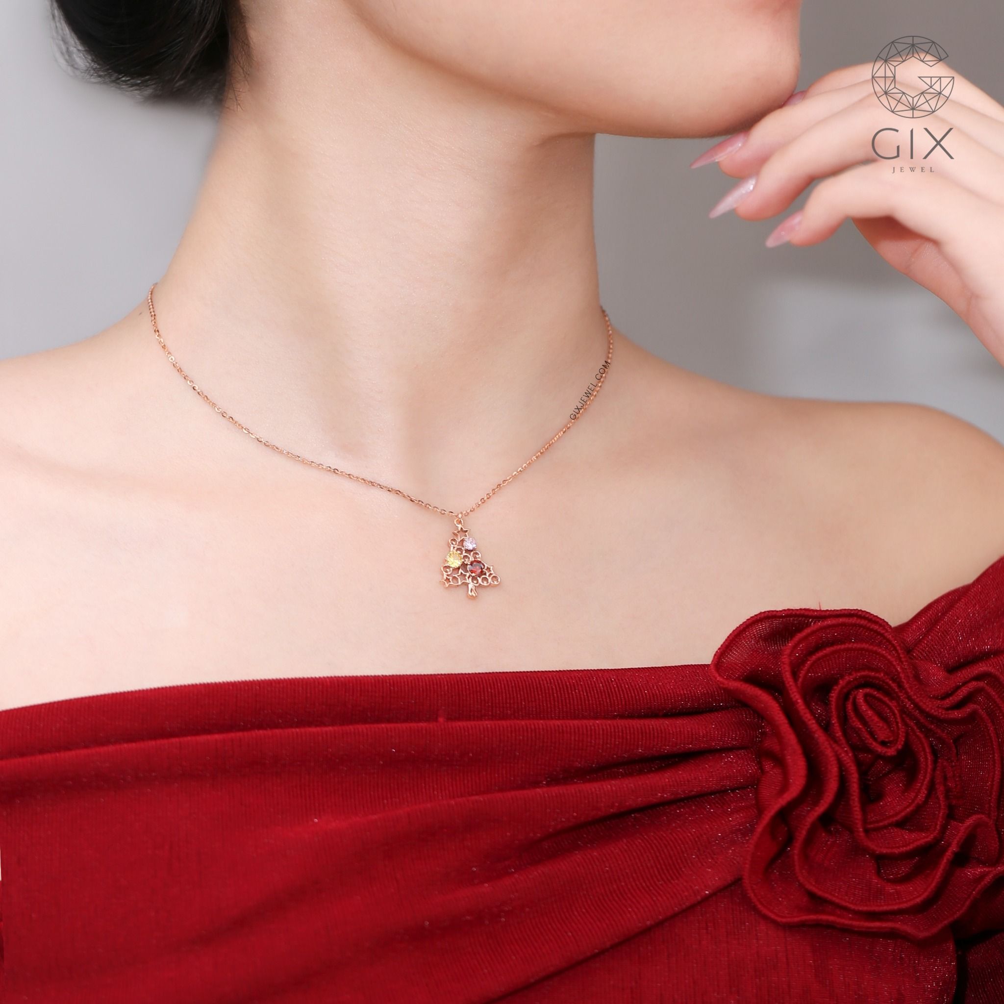 Vòng cổ thời trang nữ vàng tây 18k vàng 10k đính đá đẹp hình cây thông Gix Jewelry