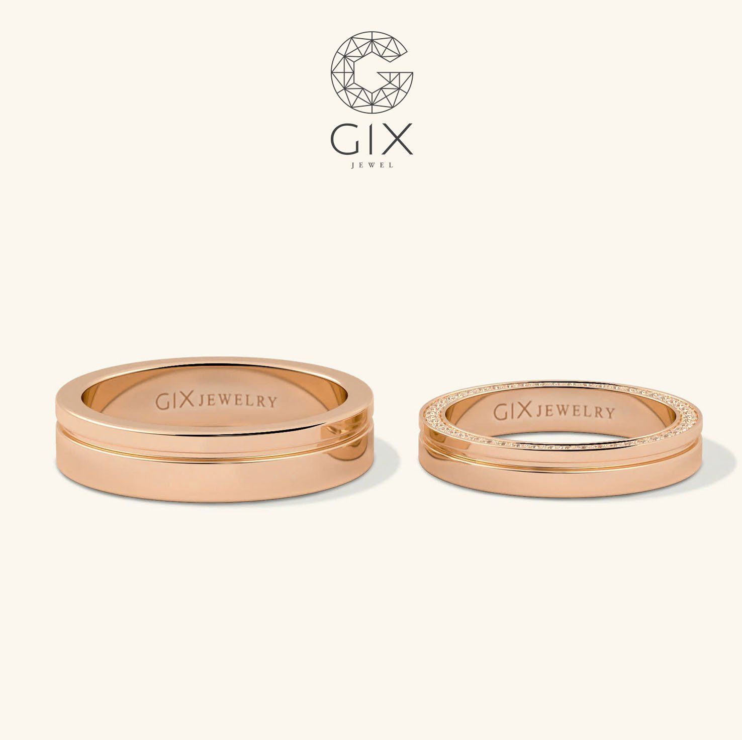 Nhẫn cưới vàng 18k đính đá khắc tên Gixjewel - GCR25050080