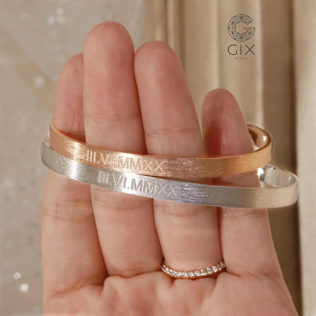 Vòng tay đôi cute dạng cuff cứng bạc 925 vàng 18k bản nhỏ khắc tên vân tay ý nghĩa Gix