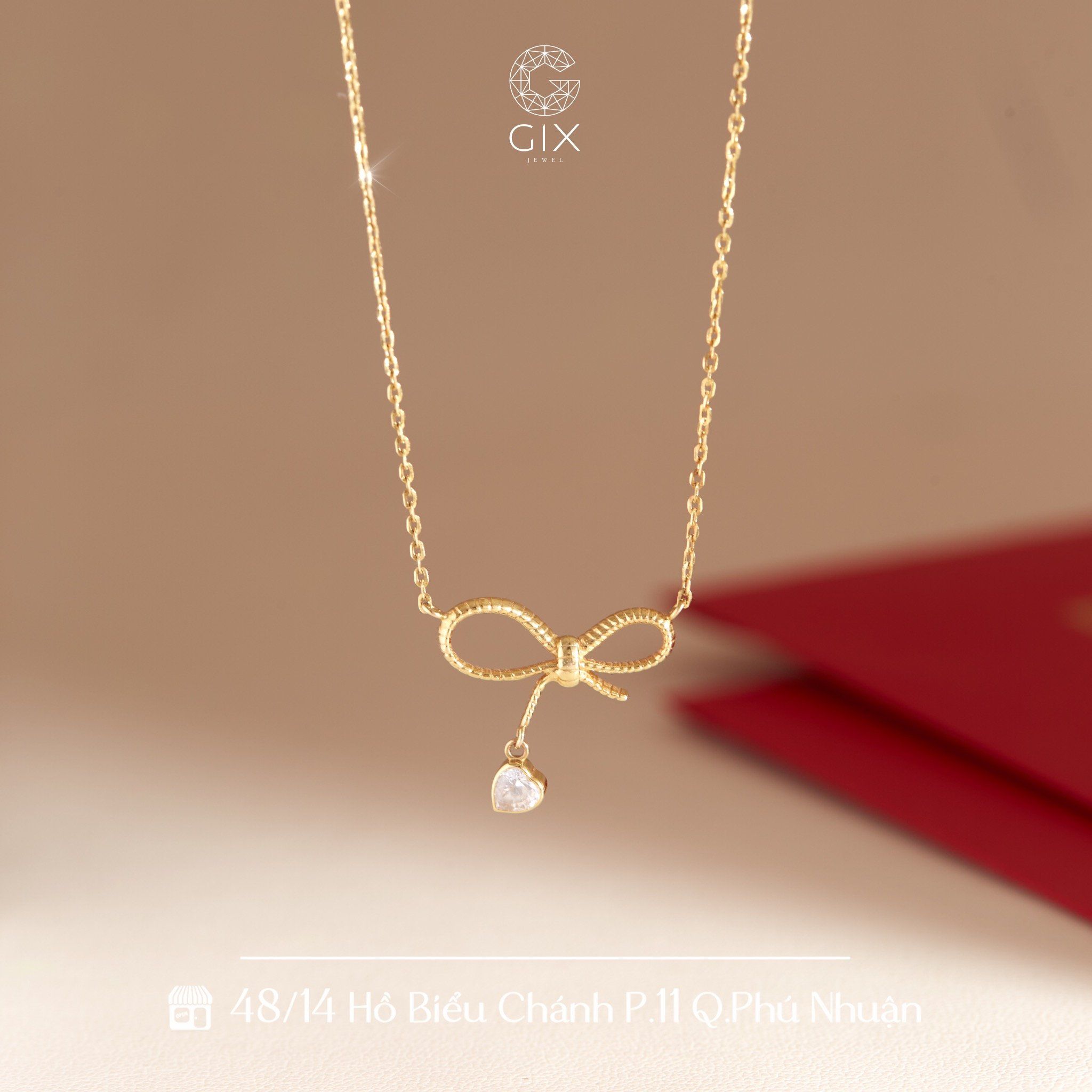 Dây chuyền vàng nữ đẹp vàng hồng 18k sợi chữ cong hình nơ xinh đính đá Gix